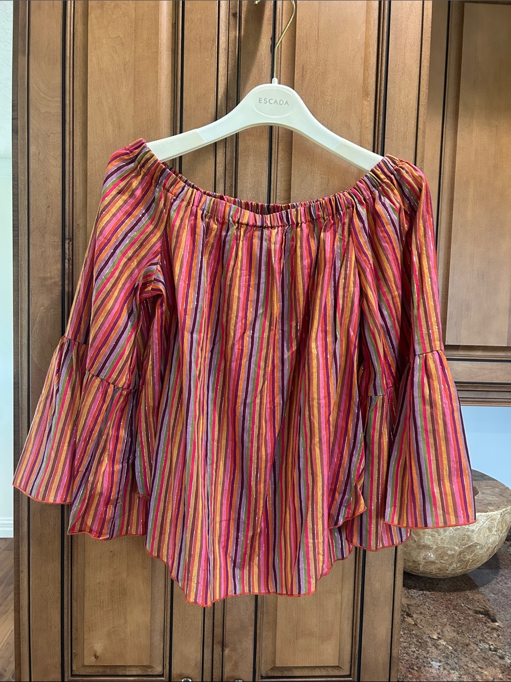 Amaryllis Striped Off-Shoulder Bell Sleeve Tunic in Pink, Orange, Gold